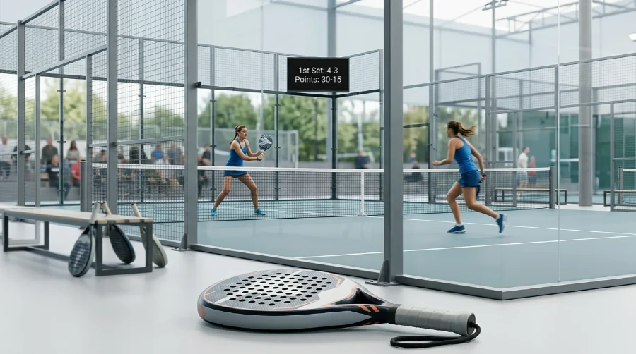 Partido de pádel en directo en una pista de cristal con marcador electrónico y raquetas de pádel en primer plano
