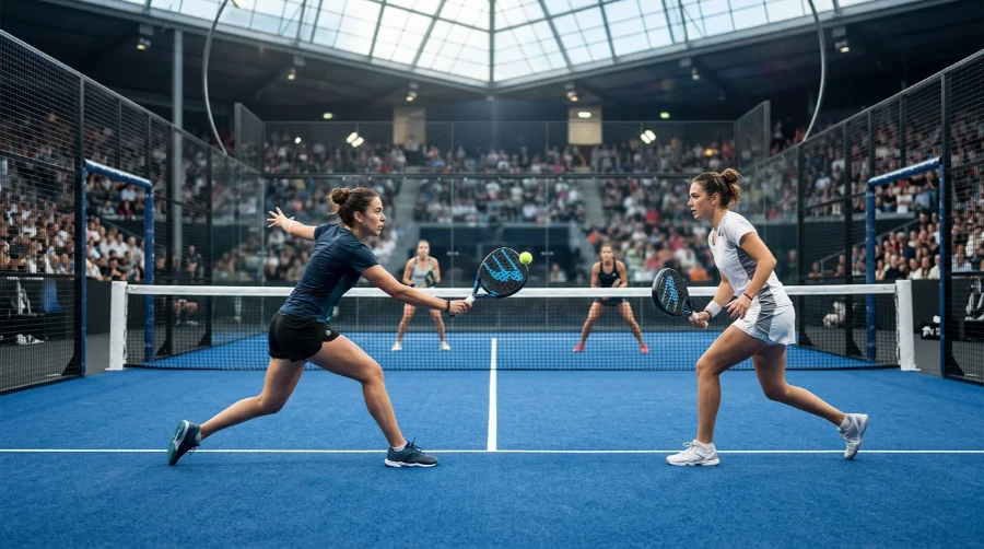 Jugadoras profesionales de pádel femenino compitiendo en una pista de cristal durante un torneo Premier Pádel