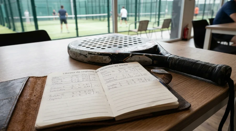 Libreta de registro de apuestas de pádel con anotaciones de stakes y resultados junto a una raqueta de pádel