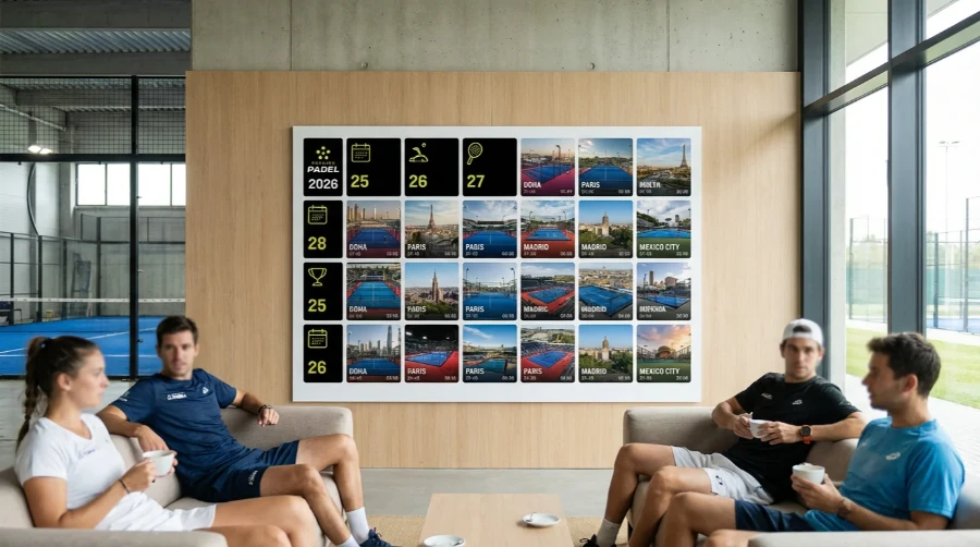 Calendario visual de la temporada 2026 de Premier Pádel con fechas y sedes de los 26 torneos