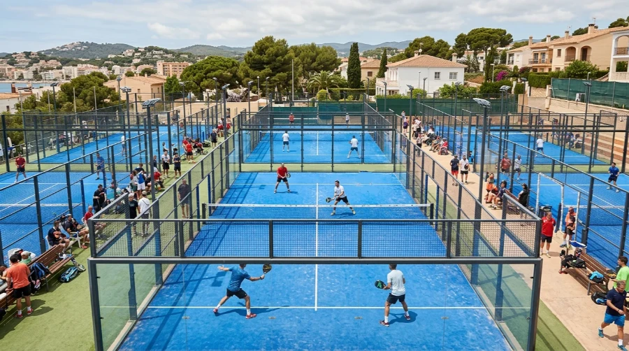 Club de pádel en España con múltiples pistas ocupadas por jugadores durante un día de competición