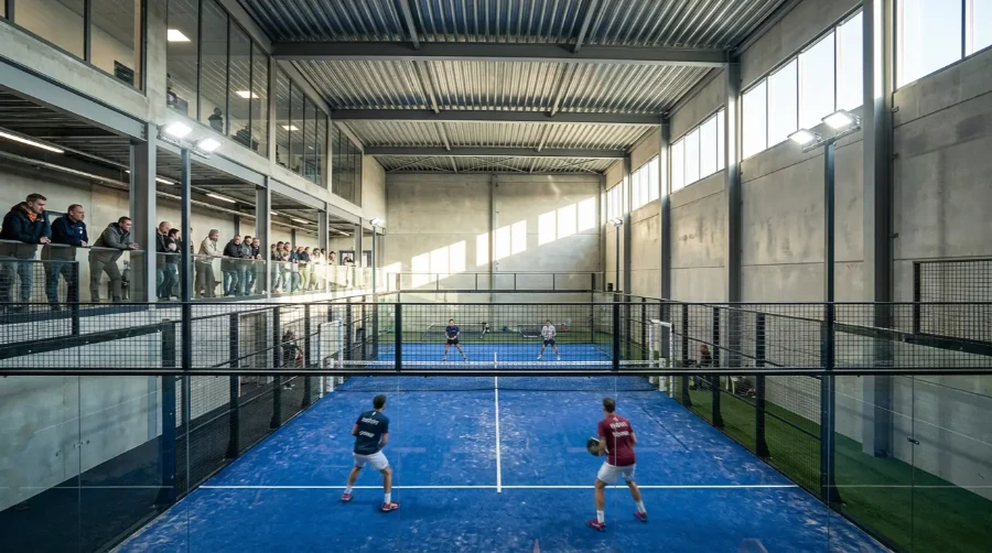 Pista de pádel de cristal en un club moderno con jugadores disputando un punto