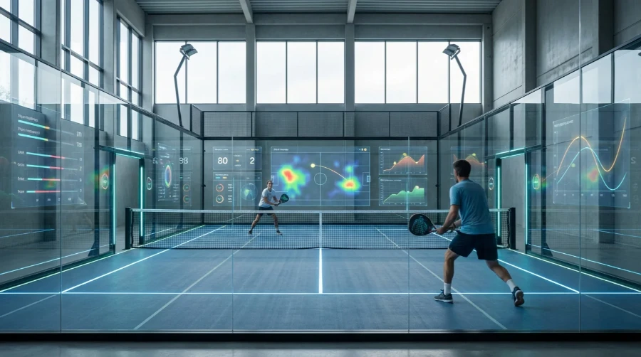 Pista de pádel futurista con tecnología de datos en tiempo real y sensores integrados en el cristal