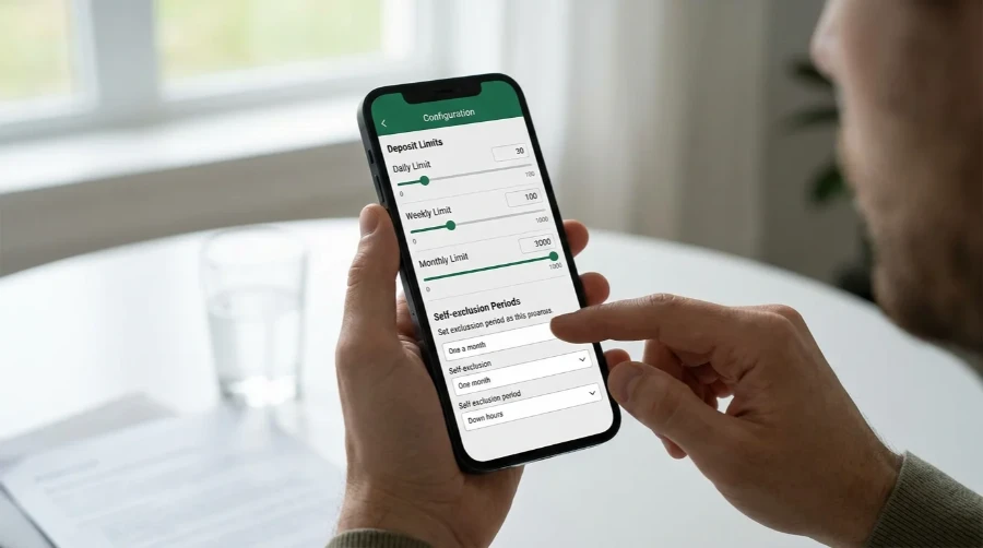 Pantalla de configuración de límites de depósito y autoexclusión en un operador de apuestas deportivas