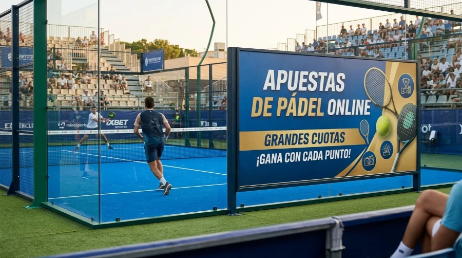 Valla publicitaria de un operador de apuestas junto a una pista de pádel durante un torneo profesional