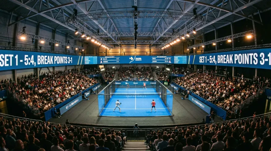 Vista panorámica de una arena de pádel profesional con pantallas de datos y público en las gradas