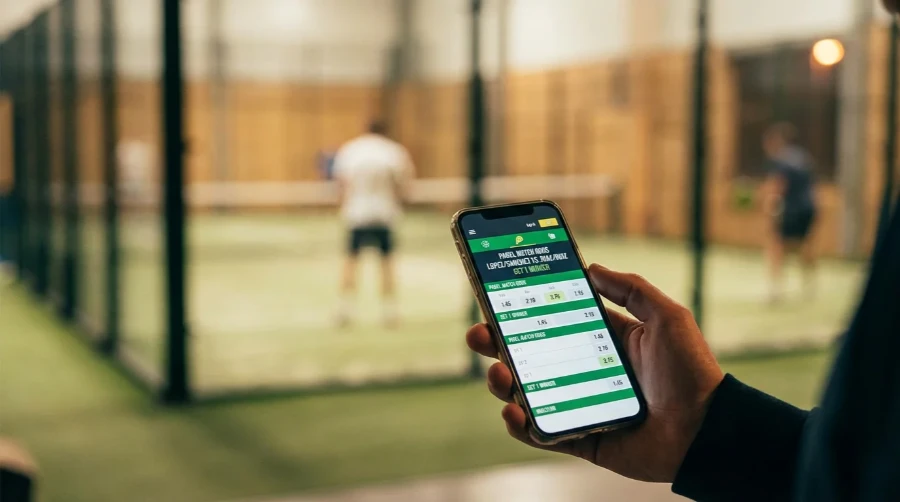 Mano sosteniendo un smartphone con una pantalla de apuestas deportivas de pádel