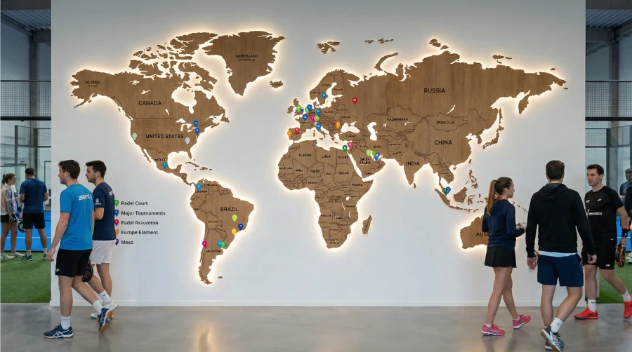 Mapa mundial con la expansión global del pádel destacando los principales países con pistas y torneos