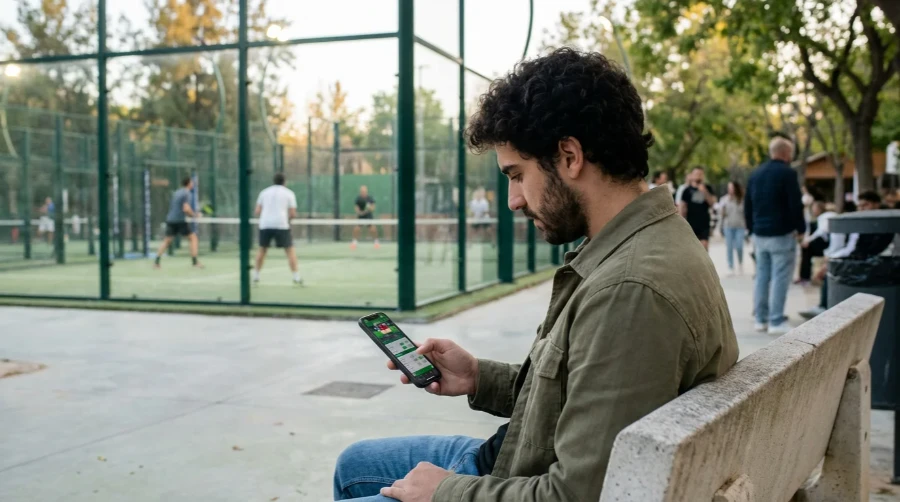 Joven apostador español consultando cuotas de pádel en su móvil antes de un partido de Premier Pádel