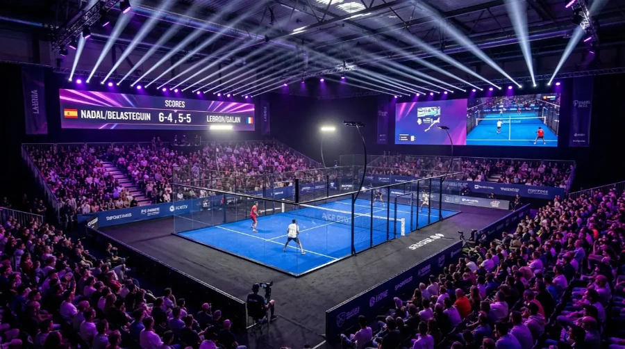 Grada llena de espectadores durante un partido de Premier Padel en una pista indoor de cristal
