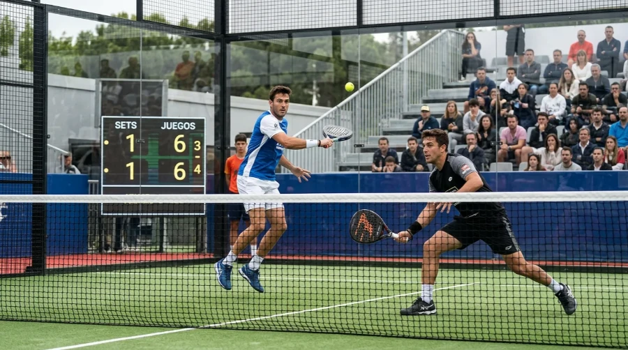 Pista de pádel profesional con marcador de sets y juegos visible durante un punto de tie-break