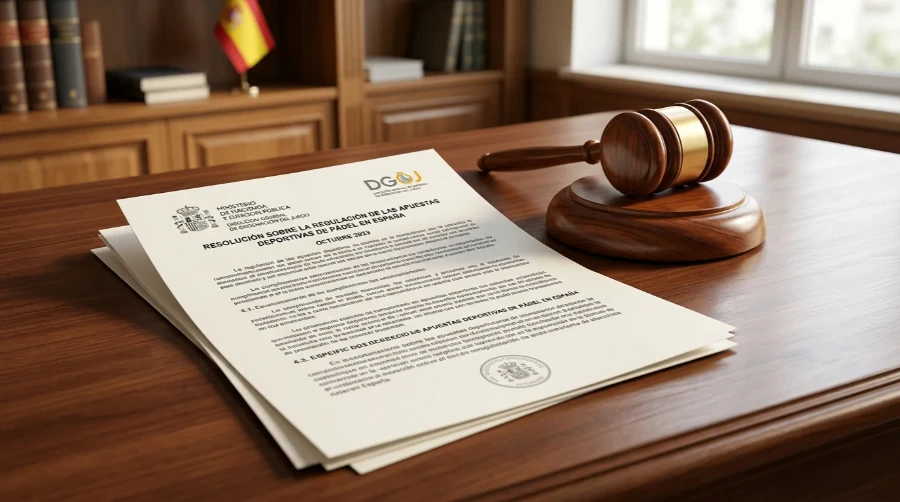Documento legal de la DGOJ sobre regulación de apuestas deportivas en España junto a un mazo de juez
