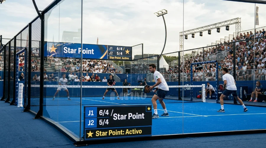 Pista de pádel profesional con marcador mostrando un punto decisivo Star Point durante un torneo