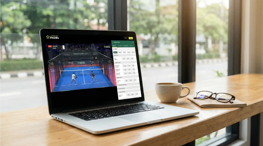 Pantalla de portátil mostrando un partido de Premier Pádel en streaming junto a una plataforma de apuestas