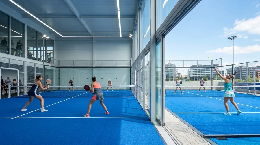 Pista de pádel indoor con iluminación artificial junto a una pista outdoor con cielo abierto